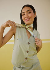 A Model Wearing Organic Cotton The Summer Organic Cotton Waistcoat, curated by Only Ethikal